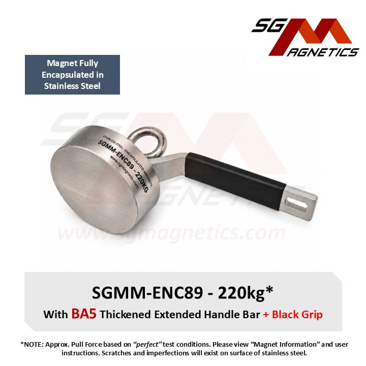 SGMM-ENC89 - Fully Stainless Steel Diving Magnet 220kg - Waterproof Marine Commercial Dive Magnet & Extended Handlebar BA5