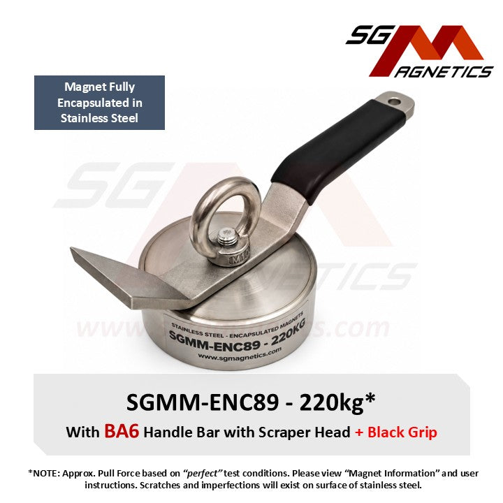 SGMM-ENC89 - Fully Stainless Steel Diving Magnet 220kg - Waterproof Marine Commercial Dive Magnet & Scraper Handlebar BA6