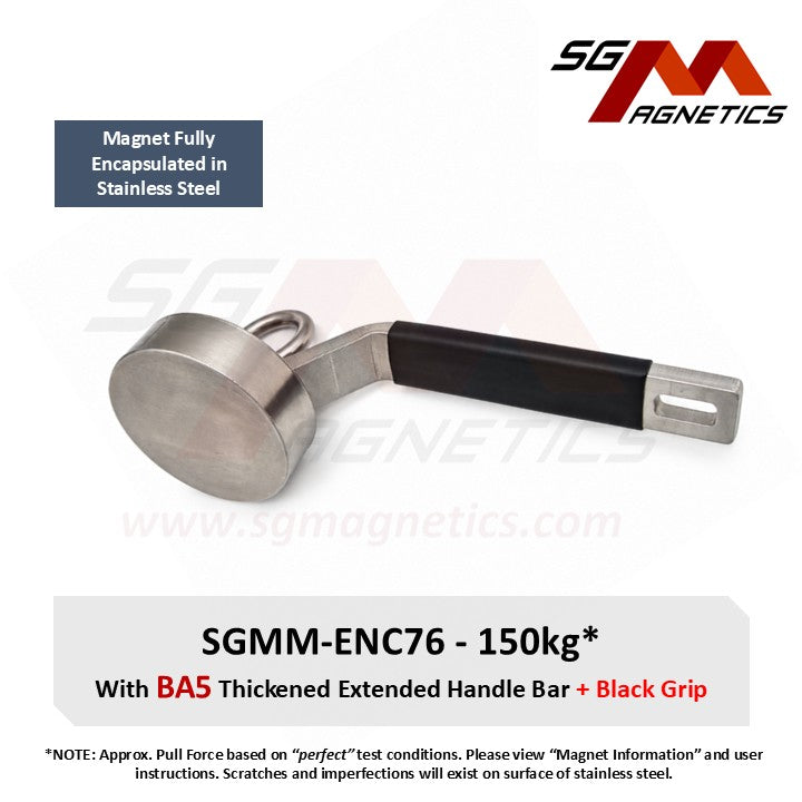 SGMM-ENC76 - Fully Stainless Steel Diving Magnet 150kg - Waterproof Marine Commercial Dive Magnet & Extended Handlebar BA5