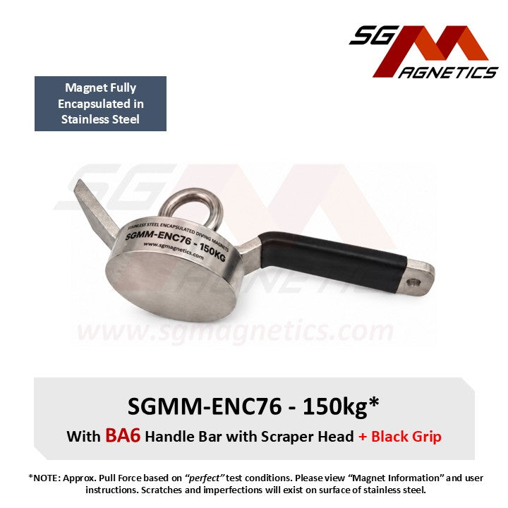 SGMM-ENC76 - Fully Stainless Steel Diving Magnet 150kg - Waterproof Marine Commercial Dive Magnet & Handlebar with Scraper BA6