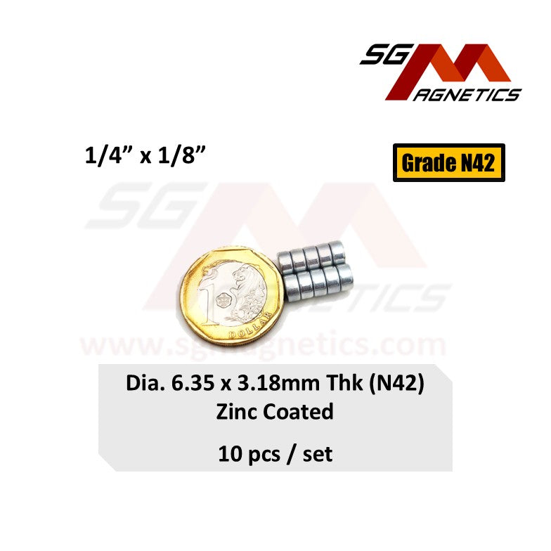 1/4" x 1/8", 6.35x3.18mm N42 - Zn Zinc Plated Neodymium Disc Magnets - 10pcs
