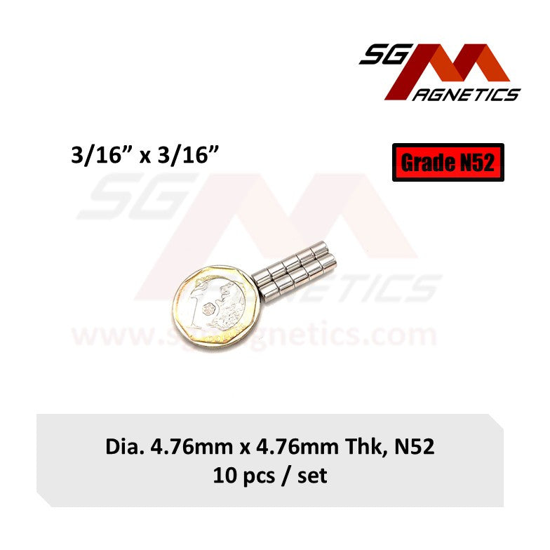 3/16"x3/16", 4.76x4.76mm N52 - Neodymium Disc Magnets - 10pcs