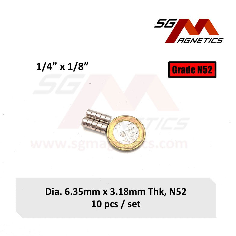 1/4" x 1/8", 6.35x3.18mm N52 - Neodymium Disc Magnets - 10pcs