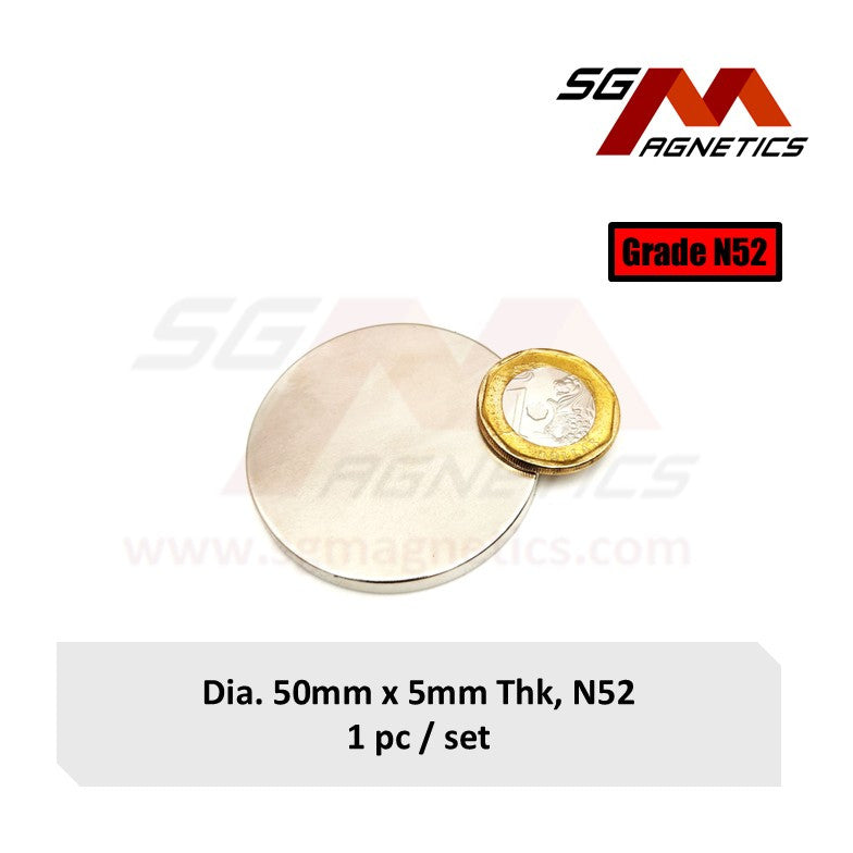 50x5mm N52 - Neodymium Disc Magnets - 1pc