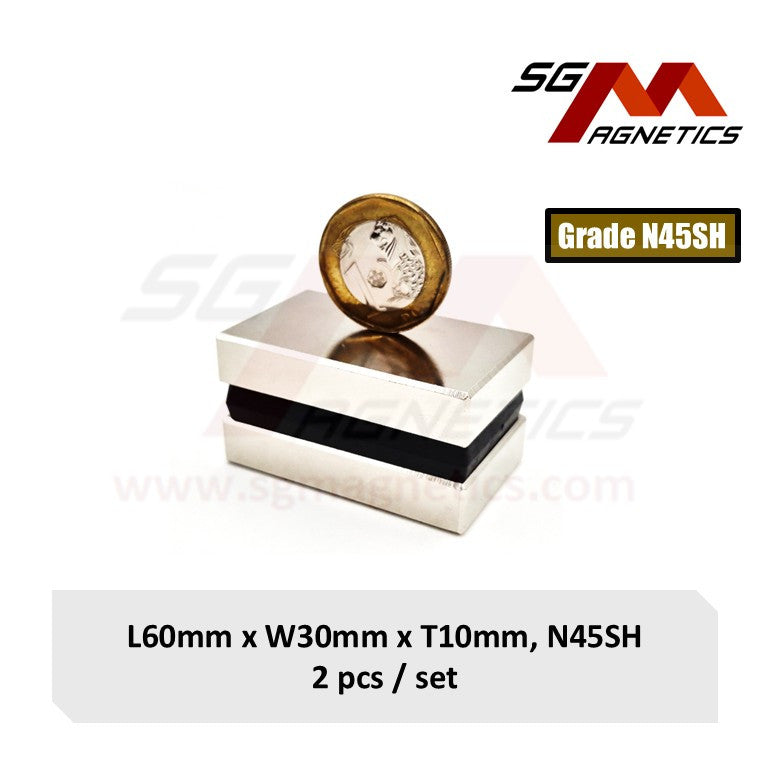 60x30x10mm N45SH - Neodymium Block Magnets - 2pcs