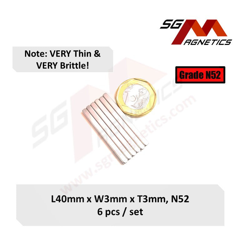 40x3x3mm N52 - Neodymium Block Magnets - 6pcs