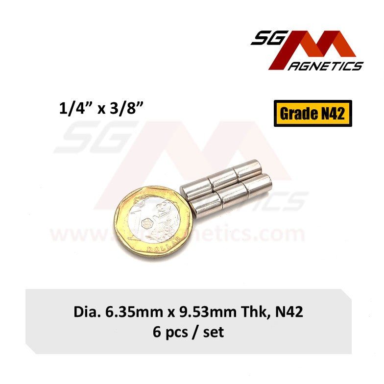 1/4" x 3/8", 6.35x9.53mm N42 - Neodymium Disc Magnets - 6pcs