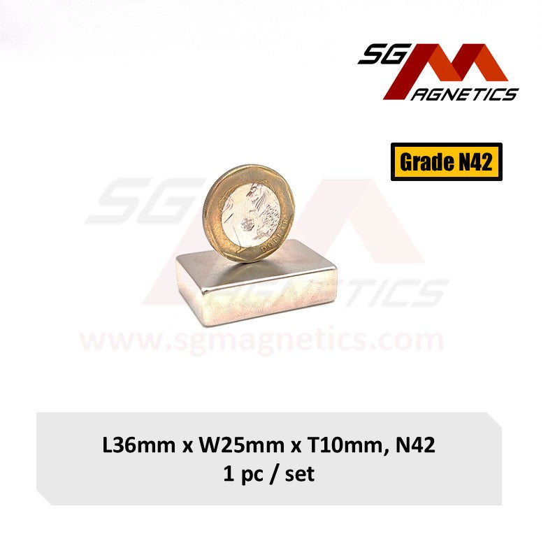 36x25x10mm N42 - Neodymium Block Magnets - 1piece