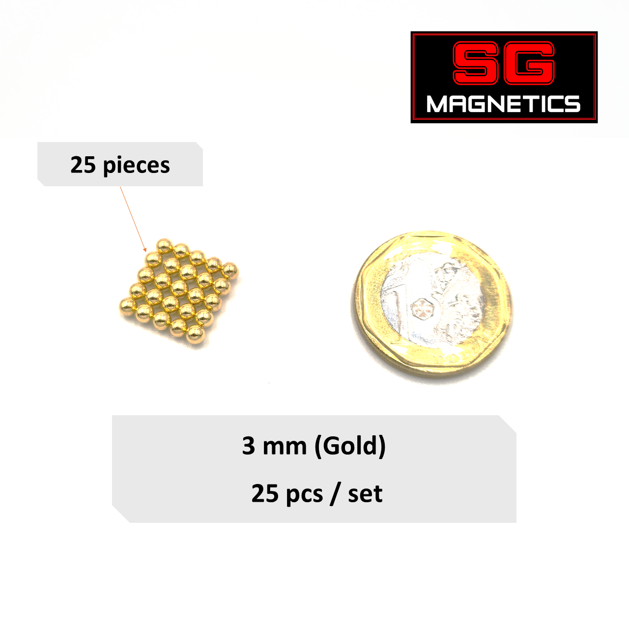 3mm N35 - Gold Coloured Neodymium Sphere Magnets - 25pcs