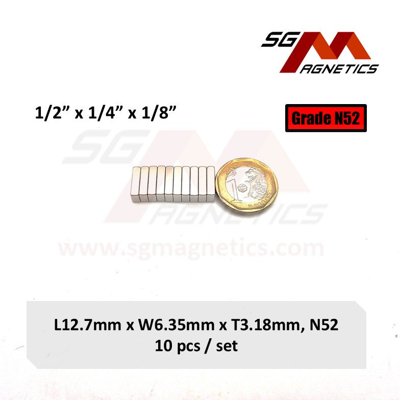 1/2" x 1/4" x 1/8" 12.7x6.35x3.18mm N52 - Neodymium Block Magnets - 10pc