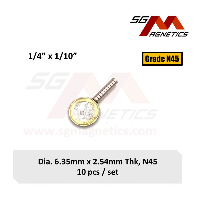 1/4" x 1/10", 6.35x2.54mm N45 - Neodymium Disc Magnets - 10pcs