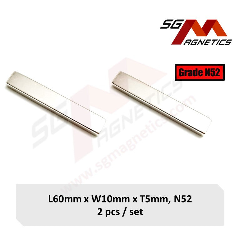 60x10x5mm N52 - Neodymium Block Magnets - 2pcs