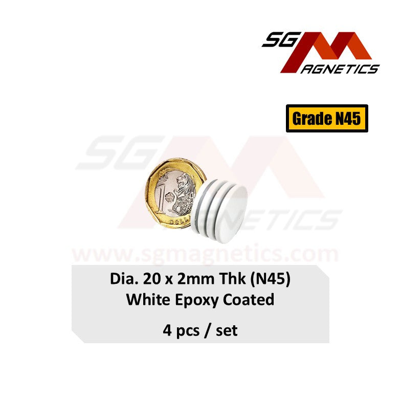 20x2mm N45 - White Epoxy Neodymium Disc Magnets - 4pcs