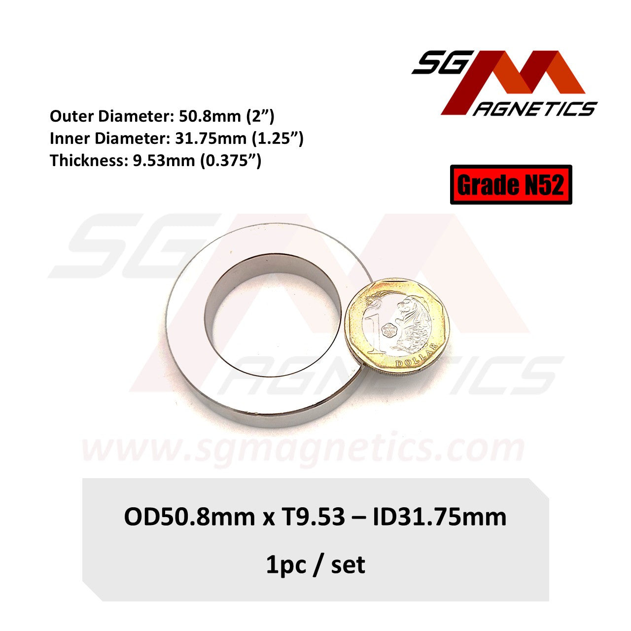 2"x 3/8"- 1¼", 50.8x9.53-31.75mm N52 - Neodymium Ring Magnets - 1pc