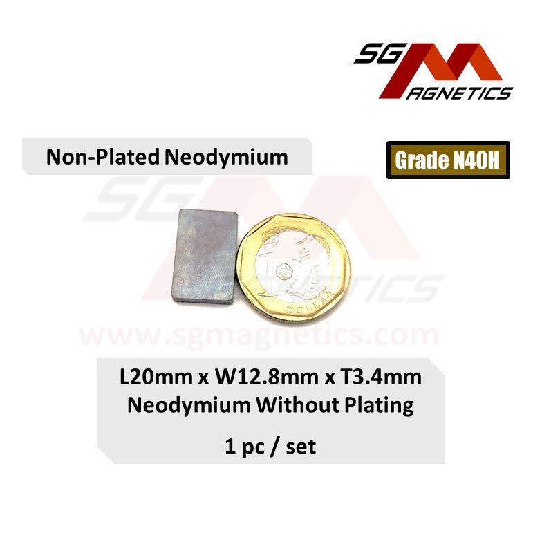 20x12.8x3.4mm N40H - No Plating Neodymium Block Magnet - 1pc