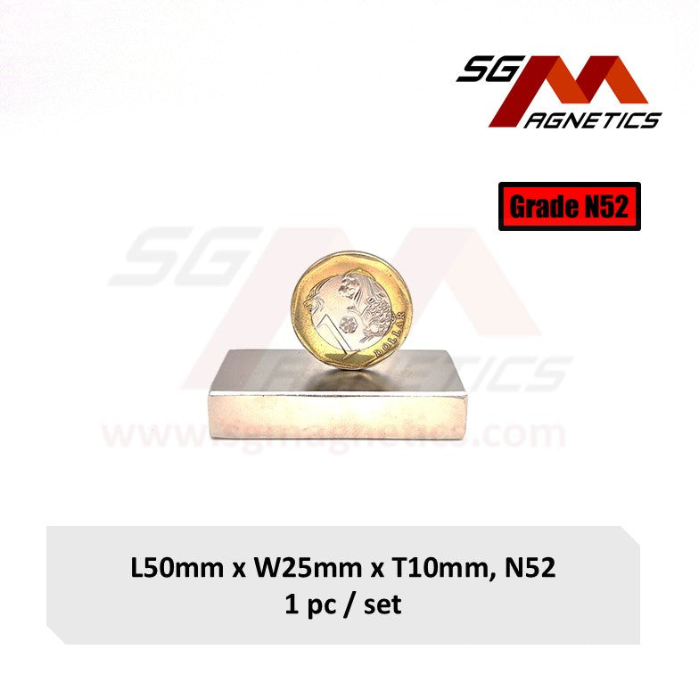 50x25x10mm N52 - Neodymium Block Magnets - 1pc