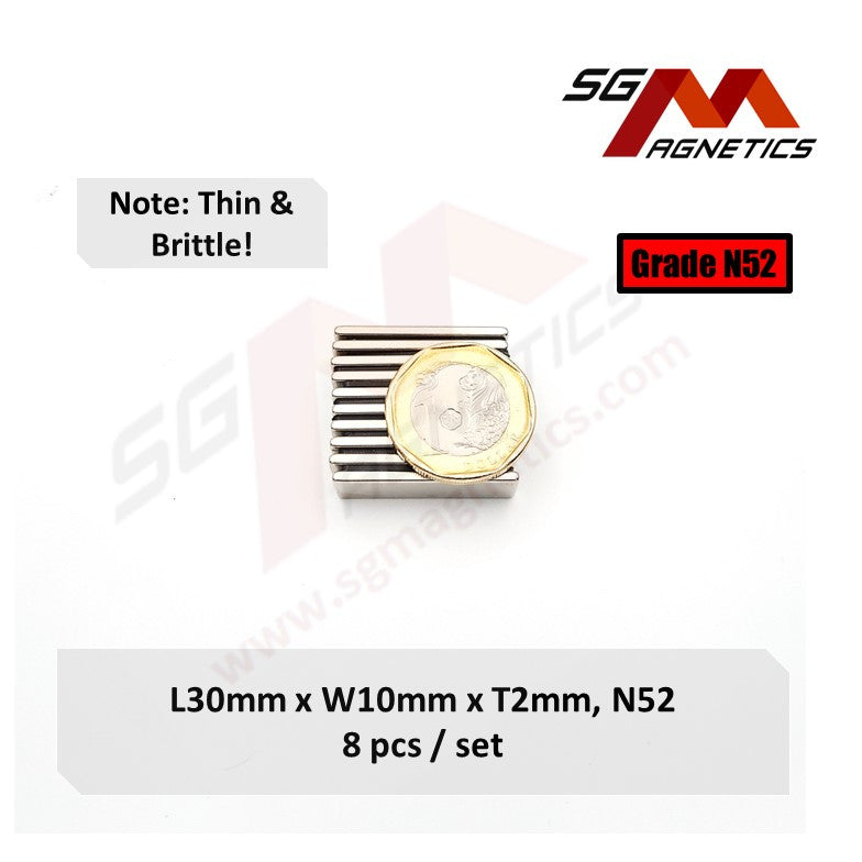 30x10x2mm N52 - Neodymium Block Magnets - 8pcs