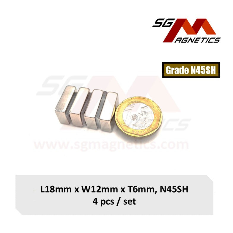 18x12x6mm N45SH - Neodymium Block Magnets - 4pcs