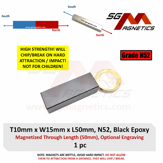 10x15x50mm N52 Magnetized Through Length - Black Neodymium Block Magnets - 1pc
