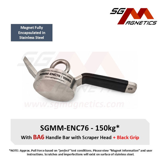 SGMM-ENC76 - Fully Stainless Steel Diving Magnet 150kg - Waterproof Marine Commercial Dive Magnet & Handlebar with Scraper BA6