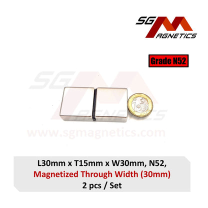 30x15x30mm N52 Diametrically Magnetized - Neodymium Block - 4pcs