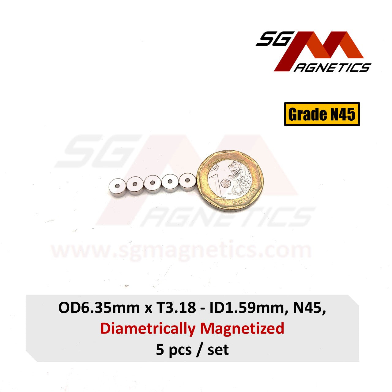 6.35x3.18-1.59mm N45 Diametrically Magnetized - Neodymium Disc Magnets - 5pcs