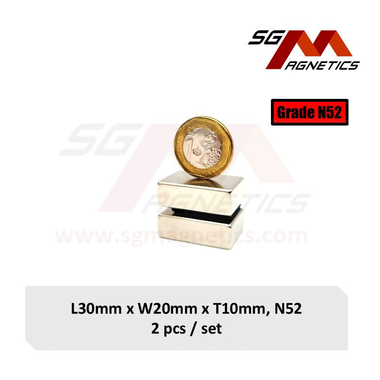 30x20x10mm N52 - Neodymium Block Magnets - 2pcs