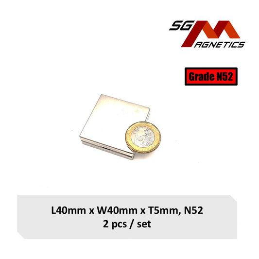 40x40x5mm N52 - Neodymium Block Magnets - 2pcs