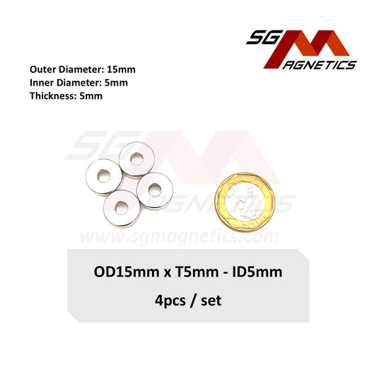 15x5-5mm N35 - Neodymium Ring Magnets - 4pcs