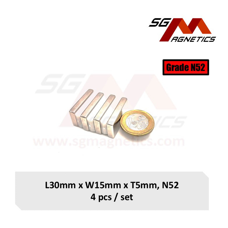 30x15x5mm N52 - Neodymium Block Magnets - 4pcs