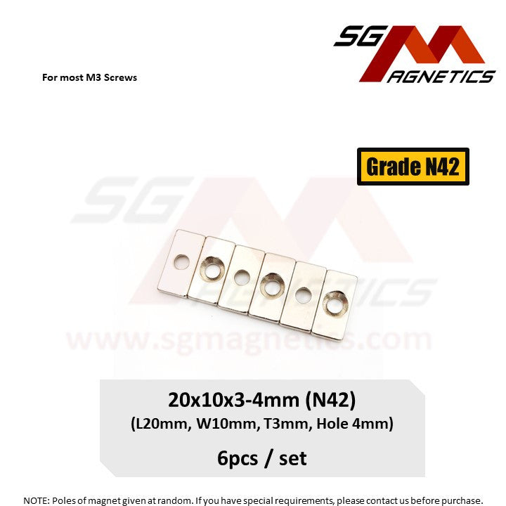 20x10x3-4mm N42 - Countersunk Hole Neodymium Block Magnets - 6pcs