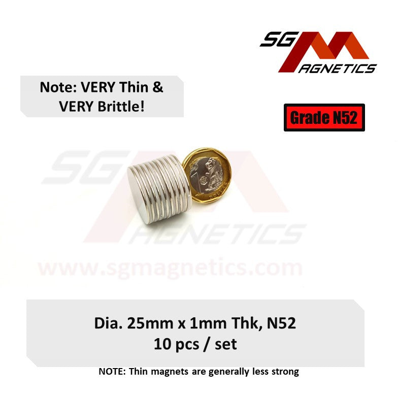 25x1mm N52 - Neodymium Disc Magnets - 10pcs