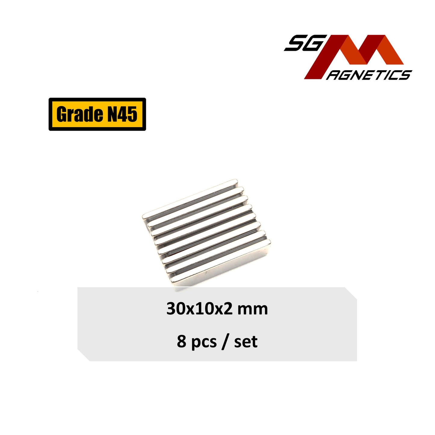 30x10x2mm N45 - Neodymium Block Magnets - 8pcs