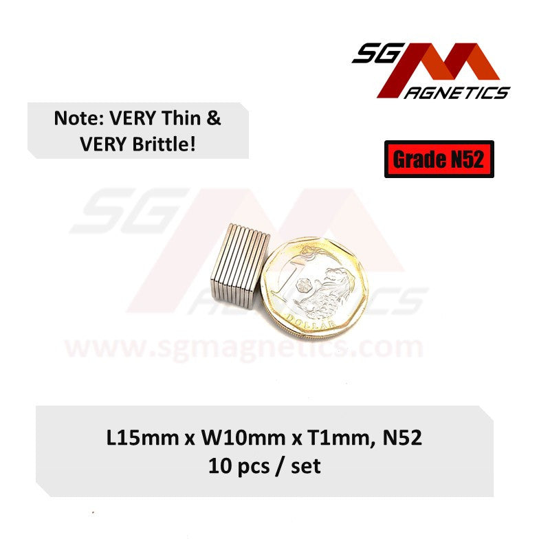 15x10x1mm N52 - Neodymium Block Magnets - 10pcs