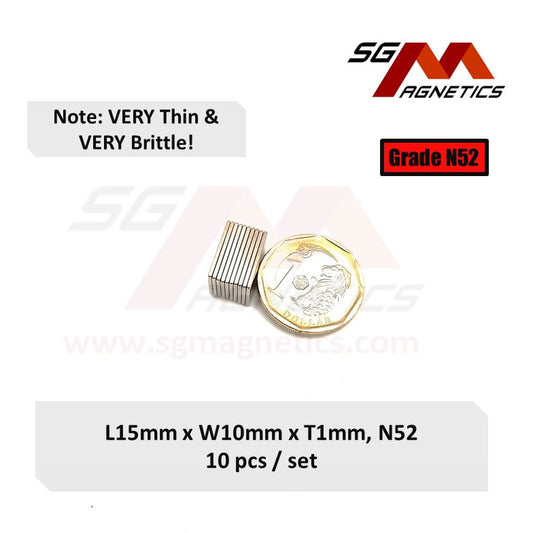 15x10x1mm N52 - Neodymium Block Magnets - 10pcs