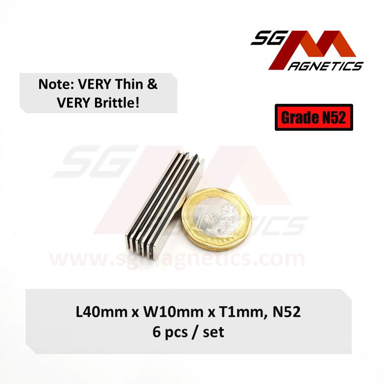 40x10x1mm N52 - Neodymium Block Magnets - 6pcs