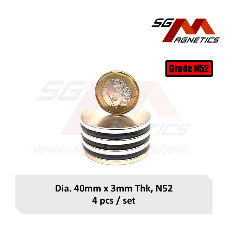 40x3mm N52 - Neodymium Disc Magnets - 4pcs