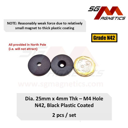 25x4-4mm N42 - Countersunk Hole Black Plastic Coated Waterproof Magnets - 2pcs