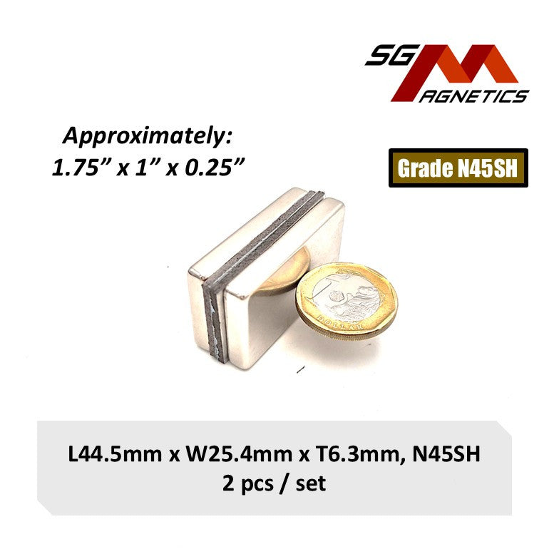7/4" x 1" x 1/4" 44.5x25.4x6.3mm N45SH - Neodymium Block Magnets - 2pcs