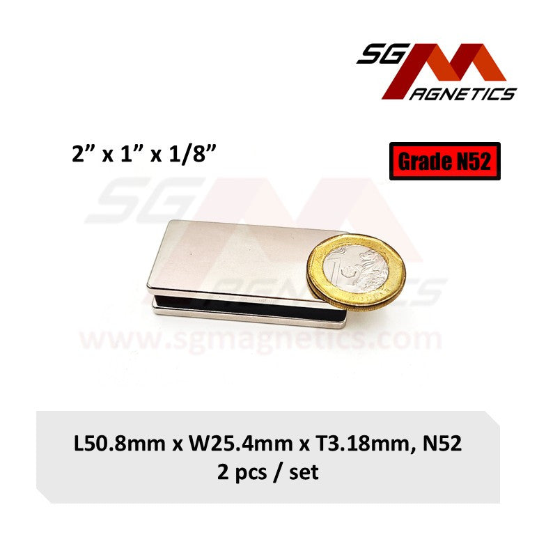 2" x 1" x 1/8" 50.8x25.4x3.18mm N52 - Neodymium Block Magnets - 2pcs