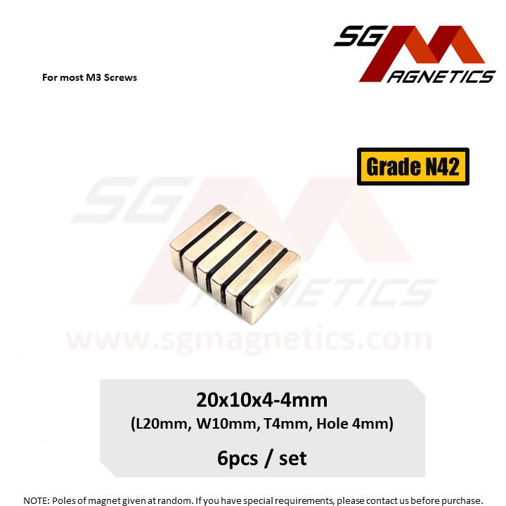 20x10x4-4mm N42 - Countersunk Hole Neodymium Block Magnets - 6pcs