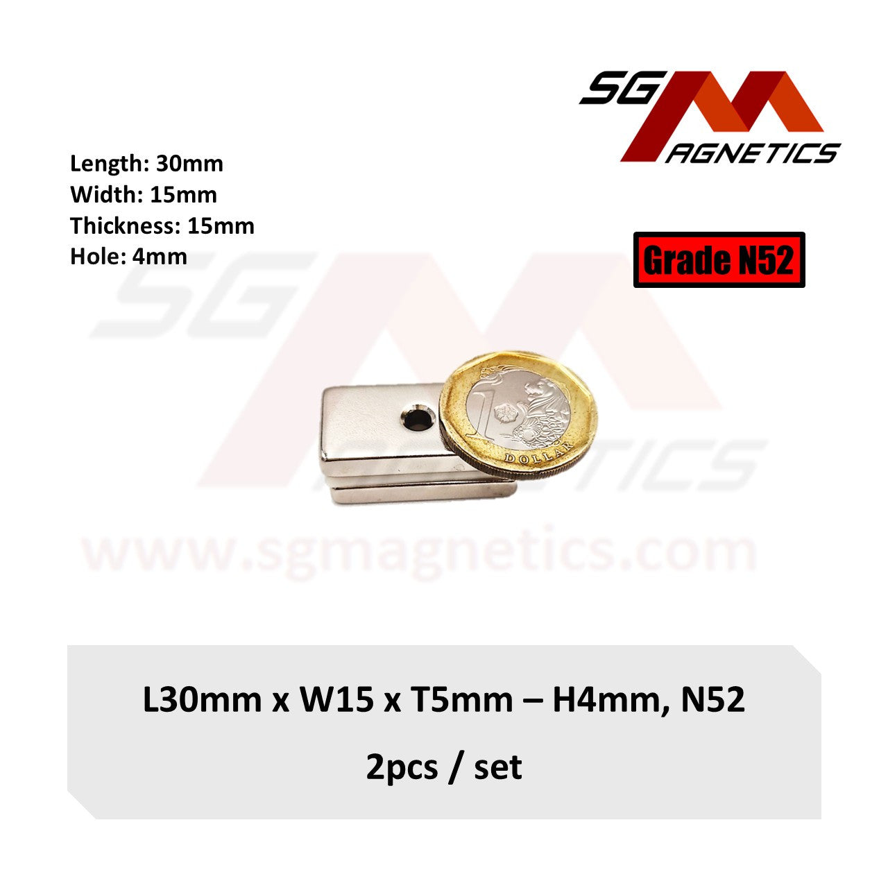 30x15x5-4mm N52 - Thru Hole Neodymium Block Magnets - 2pcs