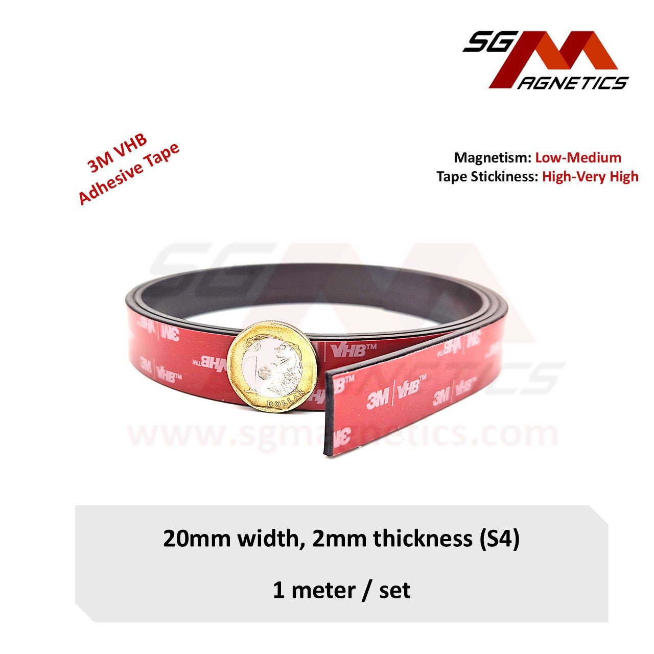 20mm Magnetic Tape - 2mm Thk Ver. S4 - Flexible Magnet Roll with 3M Adhesive
