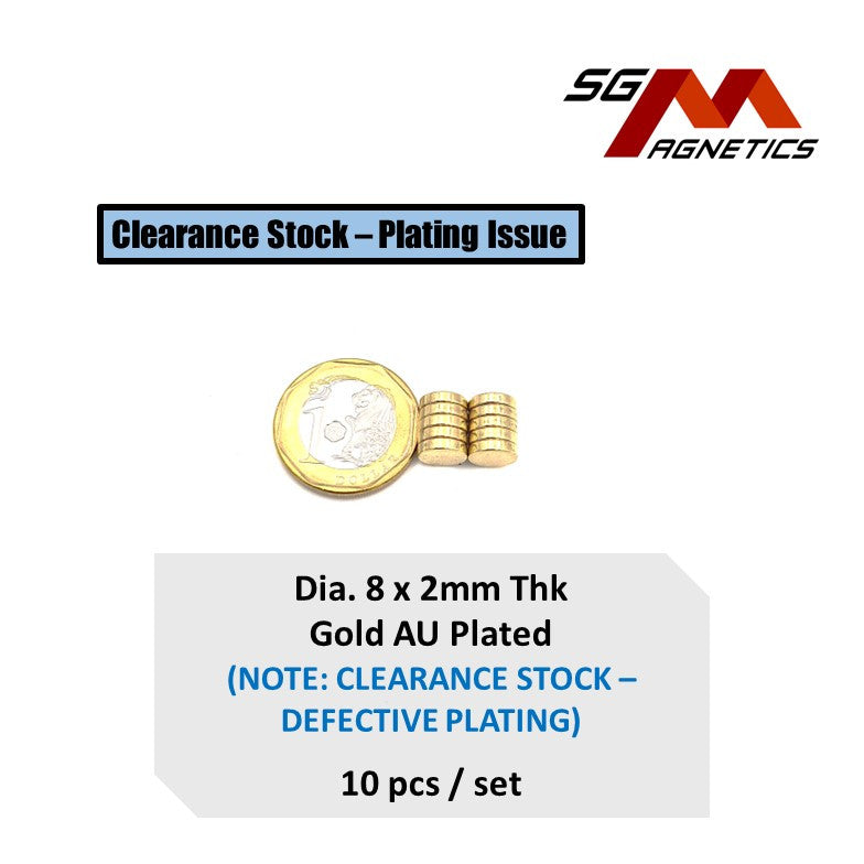 8x2mm N35 Defective Plating - AU Gold Plated Neodymium Disc Magnets - 20pcs