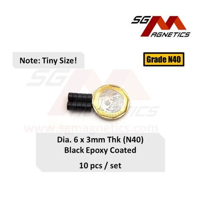 6x3mm N40 - Black Epoxy Neodymium Disc Magnets - 10pcs