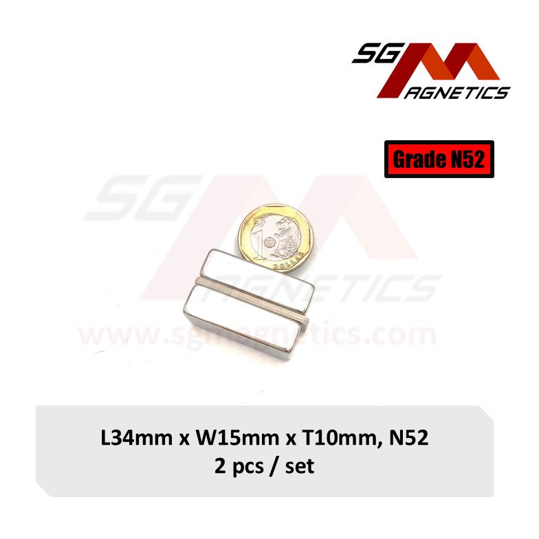 34x15x10mm N52 - Neodymium Block Magnets - 2pcs
