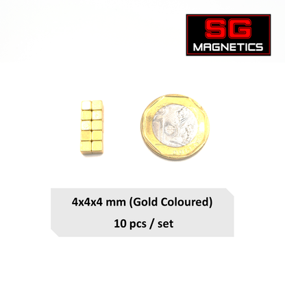 4x4x4mm N35 - Gold Coloured Neodymium Cube Magnets - 10pcs