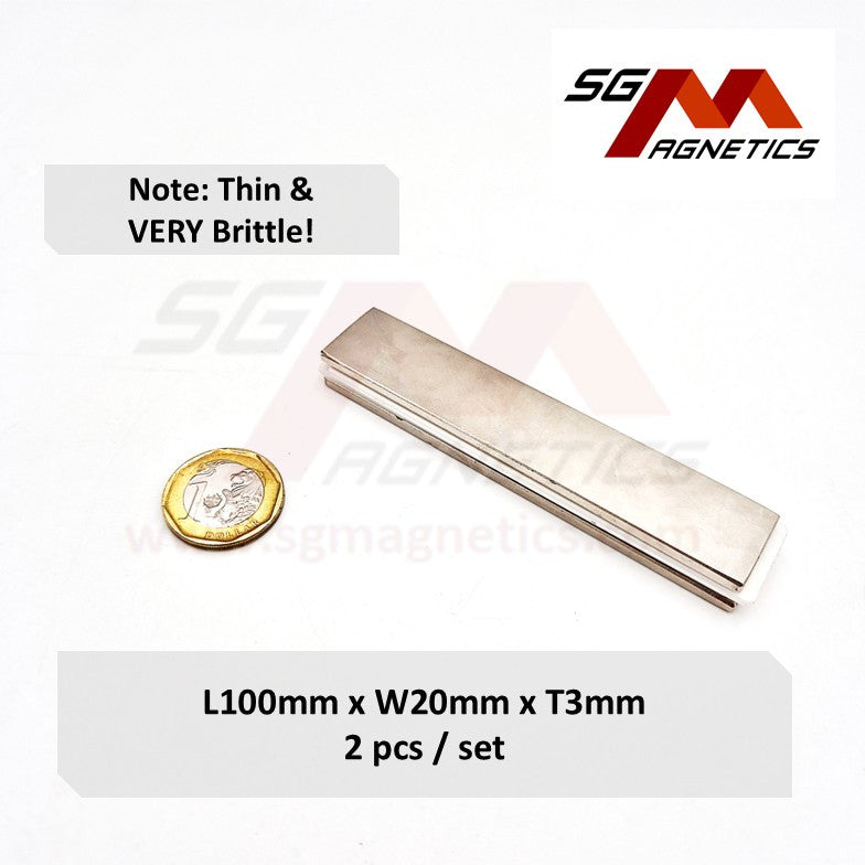 100x20x3mm N52 - Neodymium Block Magnets - 2pcs