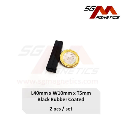 40x10x5mm N35 - Black Rubber Coated Waterproof Magnets - 2pcs