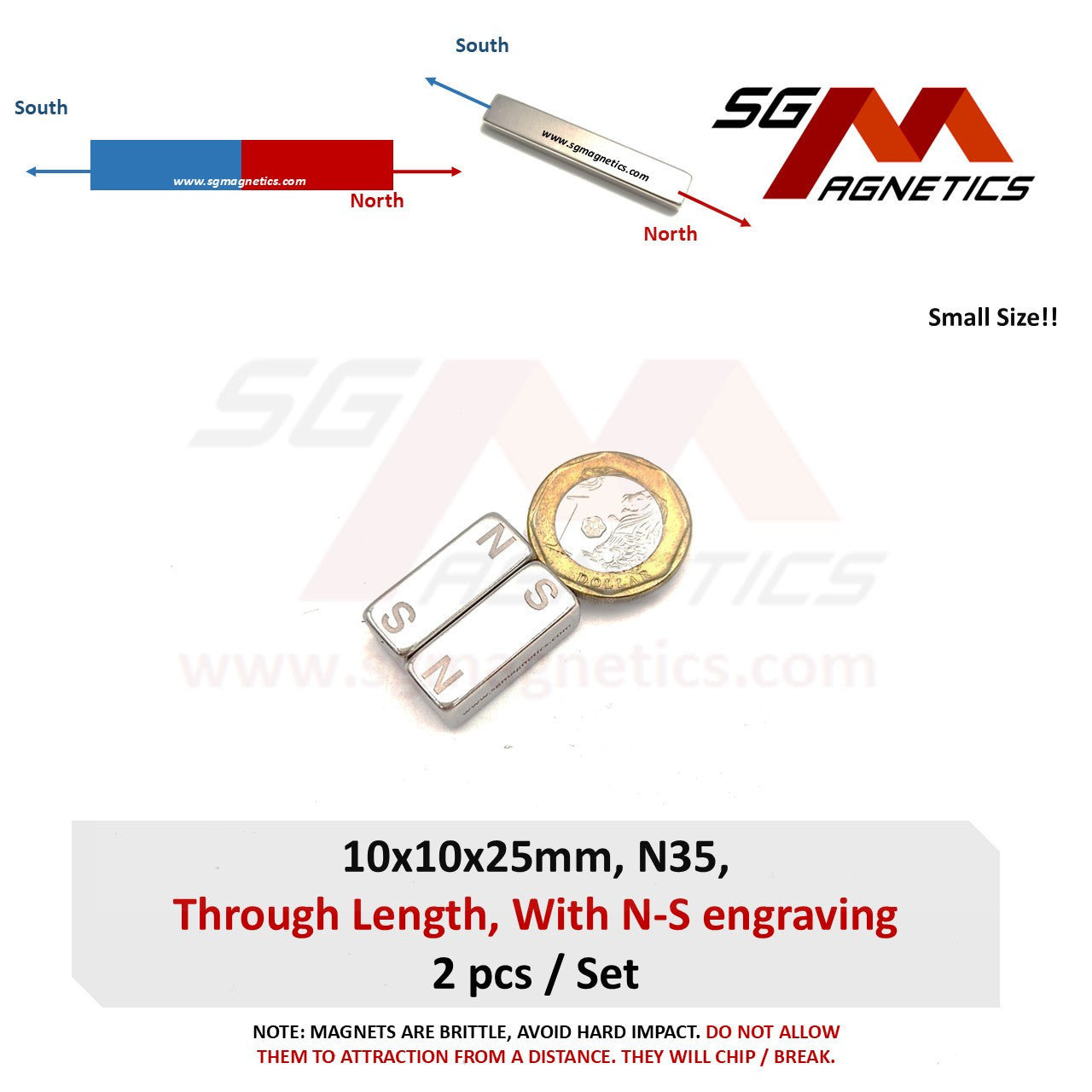 10x10x25mm N35 Magnetized Through Length - Neodymium Block Magnet - 2pcs